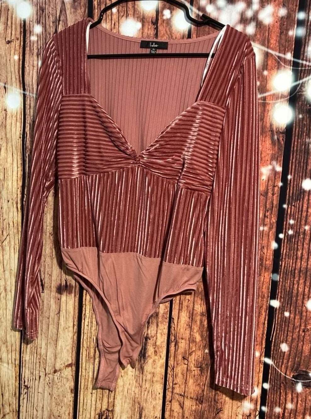 Lulus Ready To Go Out Rusty Rose Velvet Striped Long Sleeve Bodysuit